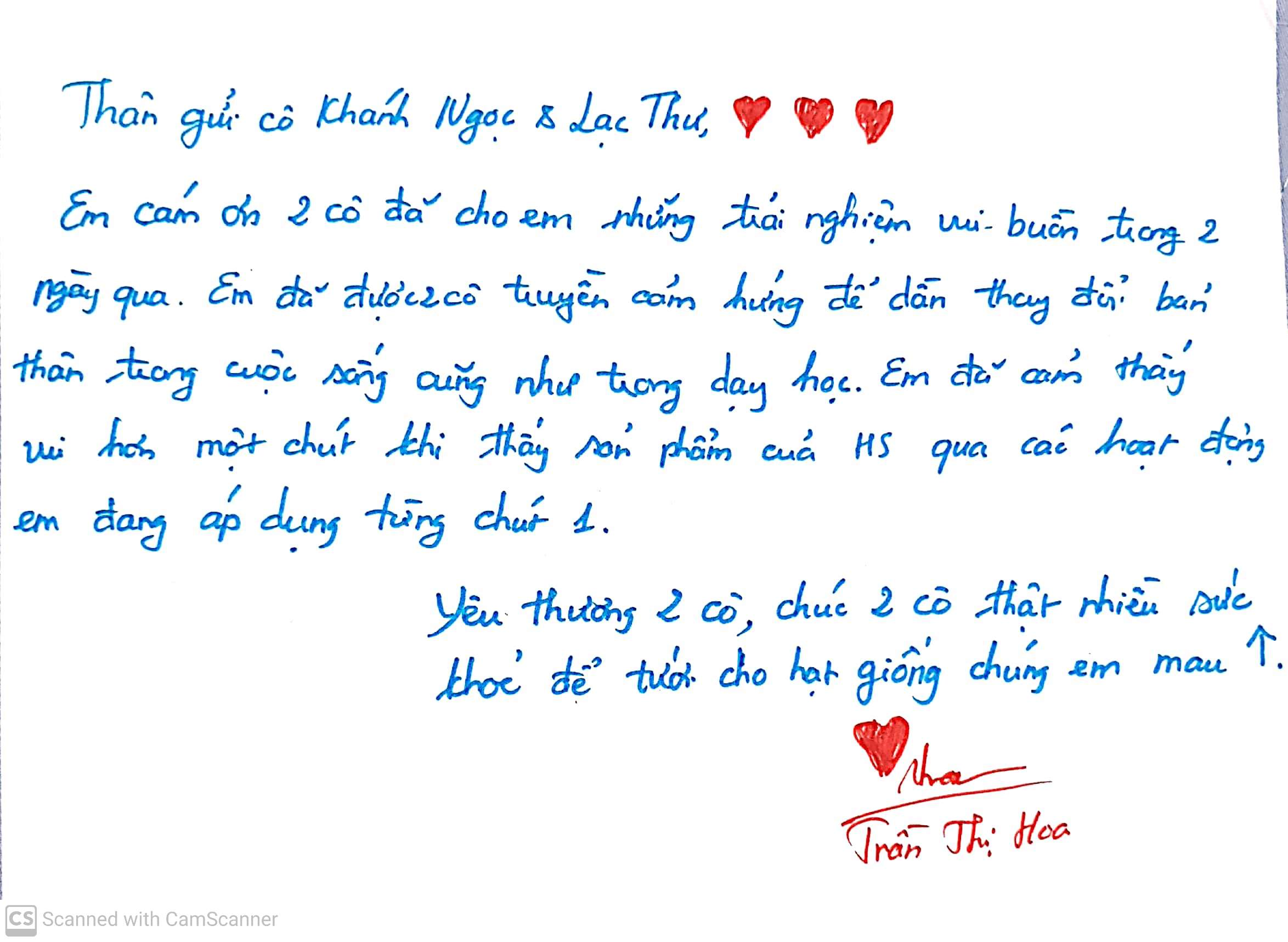 Thư cảm ơn từ học viên Trần Thị Hoa với hearts